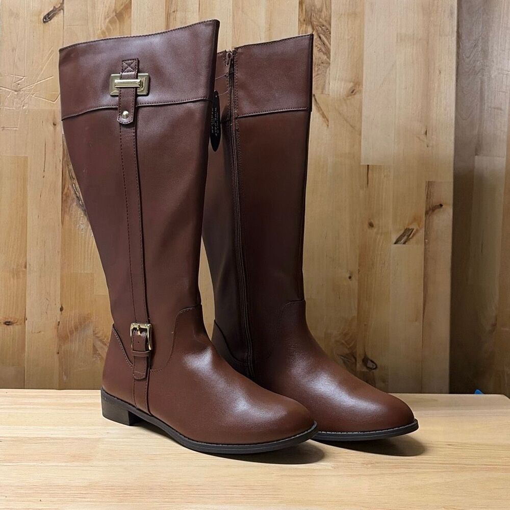 Karen Scott Deliee Riding Boots Womens 8.5W Wide Calf Cognac Brown Side Zip NWB